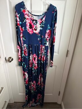 DeaarCase Navy Floral Long Sleeve Maxi Dress with Pockets